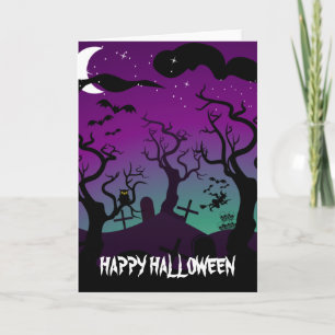 Graveyard zwart, paarse, turquoise Halloween Kaart