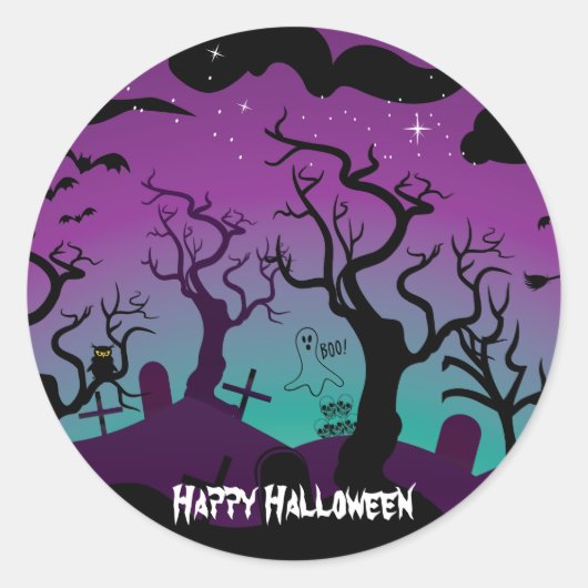 Graveyard zwart, paarse, turquoise Halloween Ronde Sticker (Voorkant)