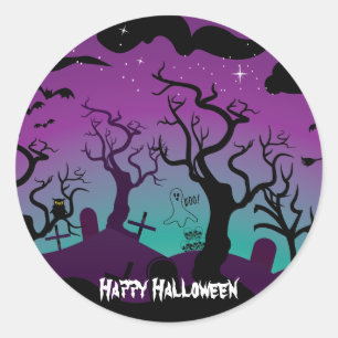 Graveyard zwart, paarse, turquoise Halloween Ronde Sticker
