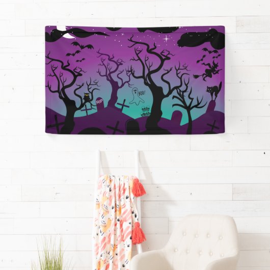 Graveyard zwart, paarse, turquoise Halloween Spandoek (Insitu)