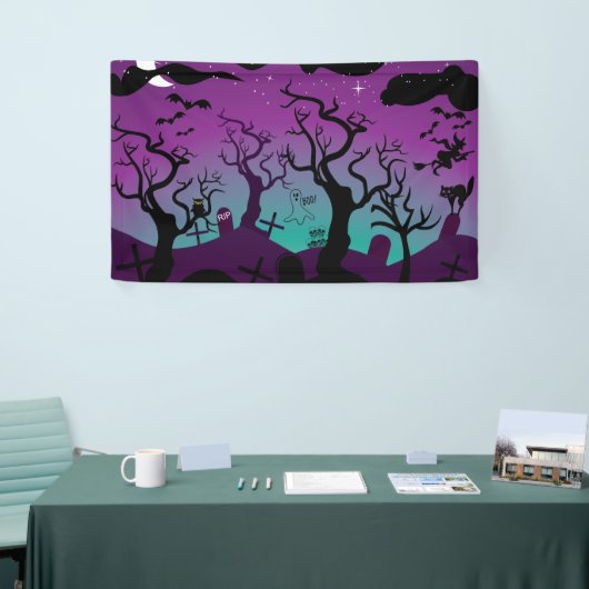 Graveyard zwart, paarse, turquoise Halloween Spandoek (Beurs)