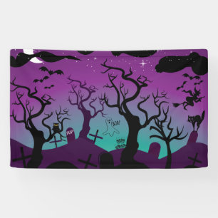 Graveyard zwart, paarse, turquoise Halloween Spandoek