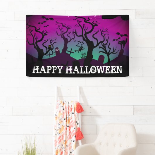 Graveyard zwart, paarse, turquoise Halloween Spandoek (Insitu)
