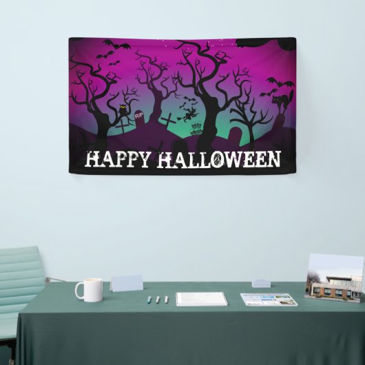 Graveyard zwart, paarse, turquoise Halloween Spandoek (Beurs)