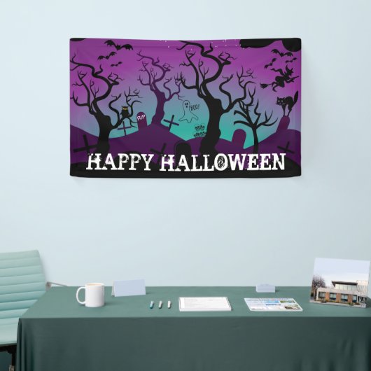 Graveyard zwart, paarse, turquoise Halloween Spandoek (Beurs)