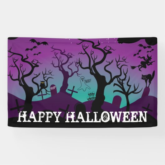 Graveyard zwart, paarse, turquoise Halloween Spandoek (Horizontaal)