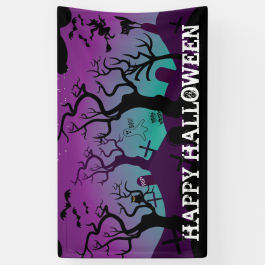 Graveyard zwart, paarse, turquoise Halloween Spandoek (Verticaal)