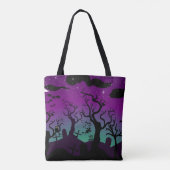 Graveyard zwart, paarse, turquoise Happy Halloween Tote Bag (Achterkant)