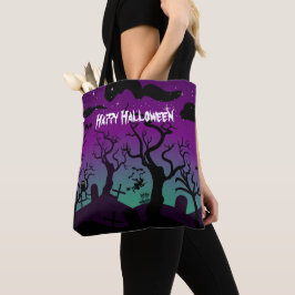 Graveyard zwart, paarse, turquoise Happy Halloween Tote Bag