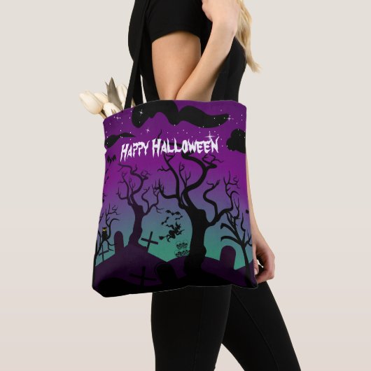 Graveyard zwart, paarse, turquoise Happy Halloween Tote Bag (Dichtbij)