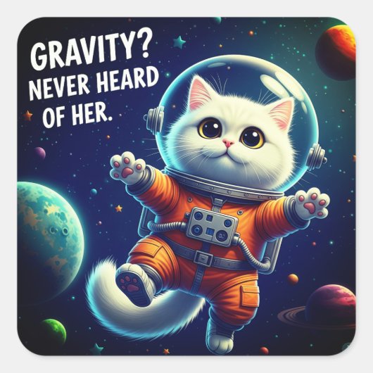 Gravity? Never Heard of Her. Cute Space Cat Vierkante Sticker (Voorkant)
