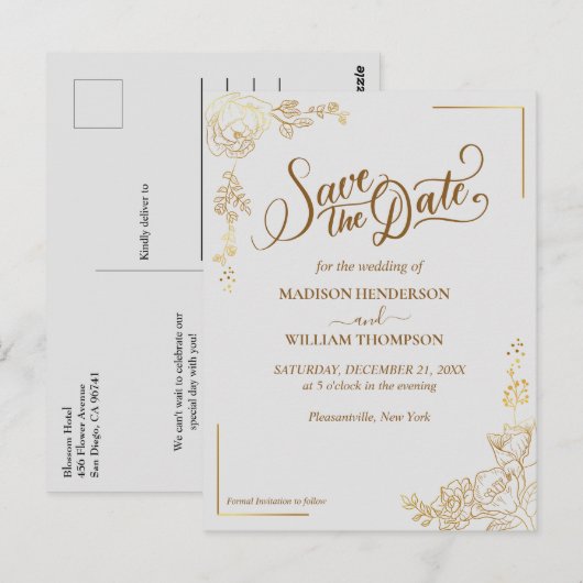 Gravure Gouden Bloemen Bruiloft Save The Date Briefkaart (Voorkant / Achterkant)