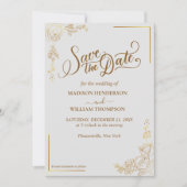 Gravure Gouden Bloemen Bruiloft Save The Date Kaart (Voorkant)