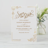 Gravure Gouden Bloemen Bruiloft Save The Date Kaart (Staand voorkant)