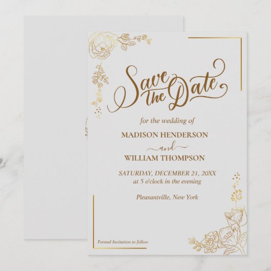 Gravure Gouden Bloemen Bruiloft Save The Date Kaart (Voorkant / Achterkant)