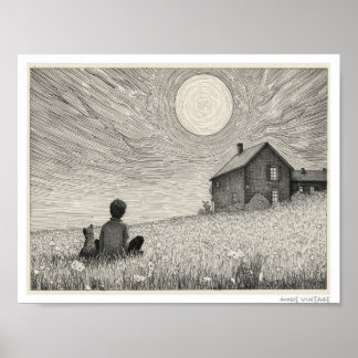 GRAVURE VAN JONGEN EN ZIJN HOND IN EEN VELD POSTER
