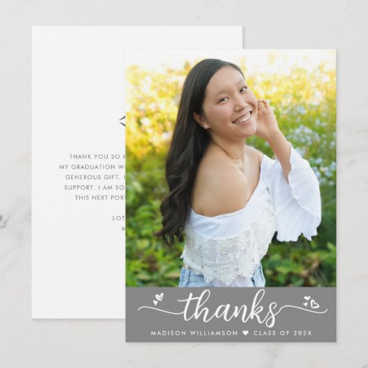 Gray Afstuderen Foto Modern Elegant Script Hecht Bedankkaart (Voorkant / Achterkant)