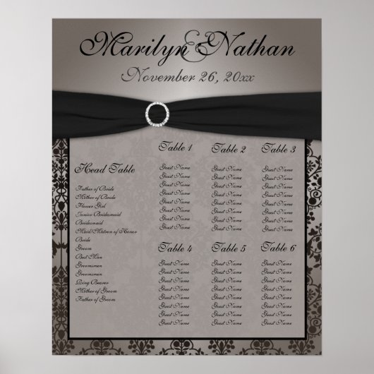 Gray and Black Damask Reception Seining Chart Poster (Voorkant)