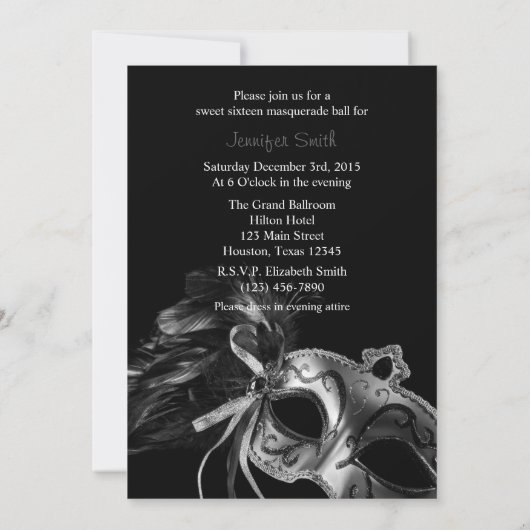 Gray and Black Masquerade Sweet 16 Ball Invitation Kaart (Achterkant)