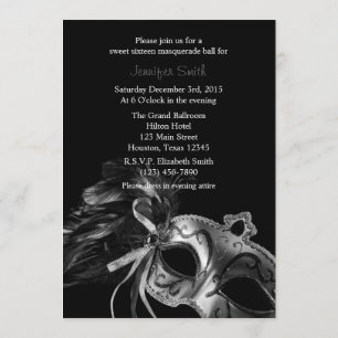 Gray and Black Masquerade Sweet 16 Ball Invitation Kaart