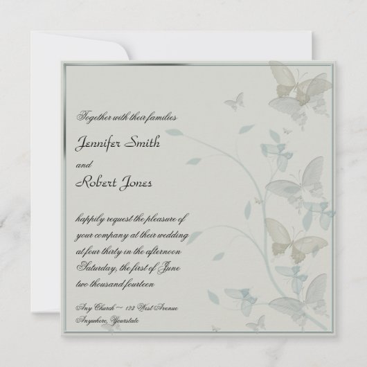 Gray and Blue Butterfly Meadow Wedding Invitation Kaart (Voorkant)