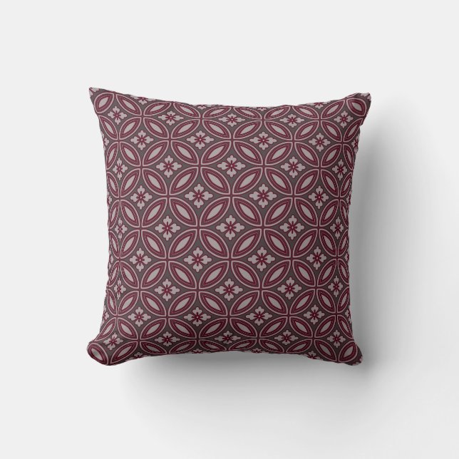 Gray and Burgundy Elegant Floral Tegel Pattern Kussen (Voorkant)