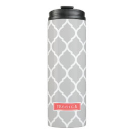 Gray and Coral Moroccan Quatrefoil Monogram Thermosbeker