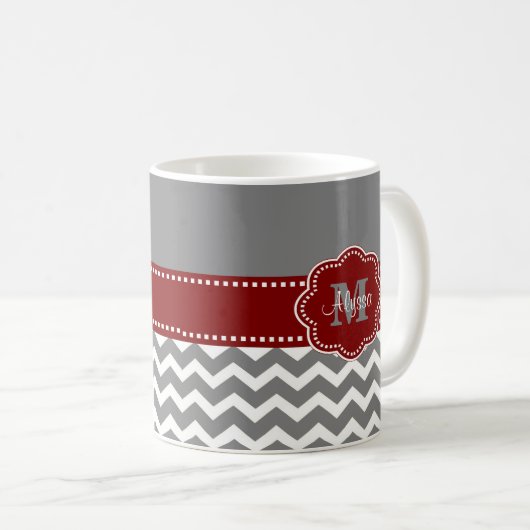 Gray and Dark Red Chevron Persoonlijk Koffiemok (Voorkant rechts)