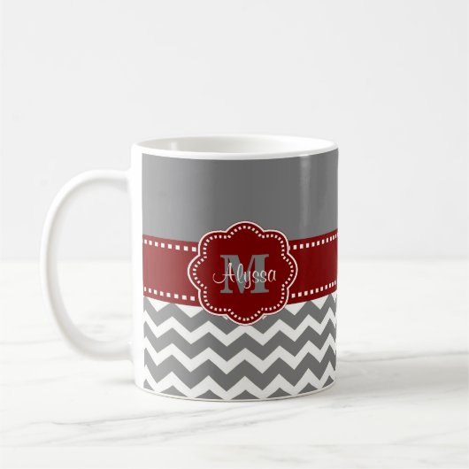 Gray and Dark Red Chevron Persoonlijk Koffiemok (Links)