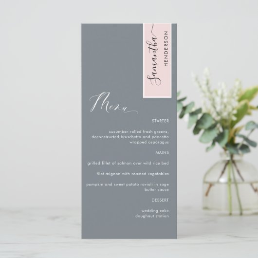 Gray and Dusty Rose Elegant Menu with Guest Name (Staand voorkant)