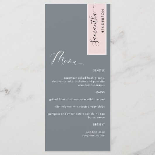 Gray and Dusty Rose Elegant Menu with Guest Name (Voorkant)