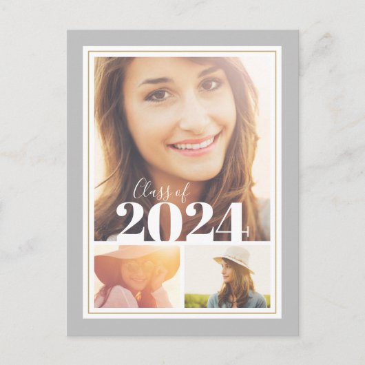 Gray and Gold 3 Foto Graduparty Invitation Aankondigingskaart (Voorkant)