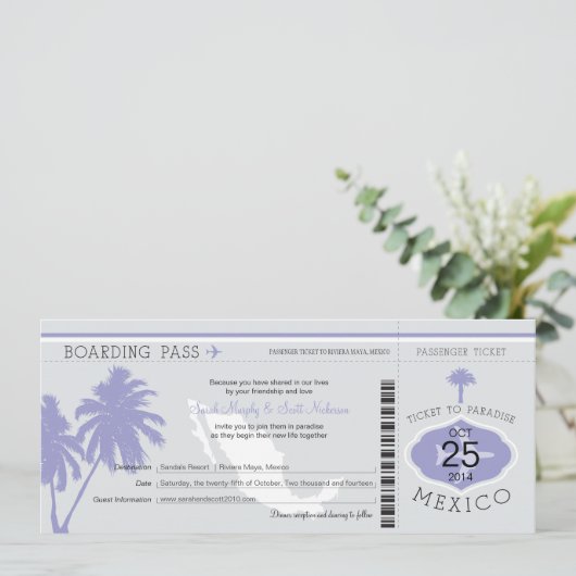 Gray and Lavender Mexico Boarding Pass Wedding Kaart (Staand voorkant)