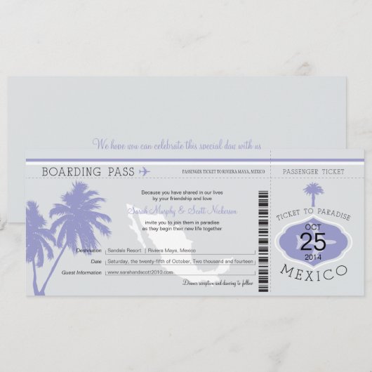 Gray and Lavender Mexico Boarding Pass Wedding Kaart (Voorkant / Achterkant)
