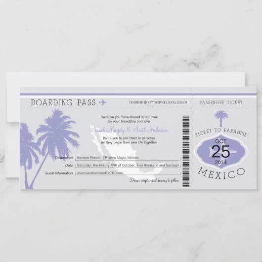 Gray and Lavender Mexico Boarding Pass Wedding Kaart (Voorkant)