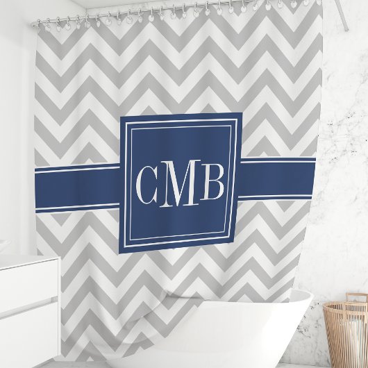 Gray and Navy Blue Chevron Monogram Douchegordijn
