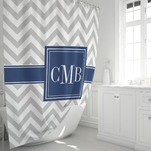 Gray and Navy Blue Chevron Monogram Douchegordijn