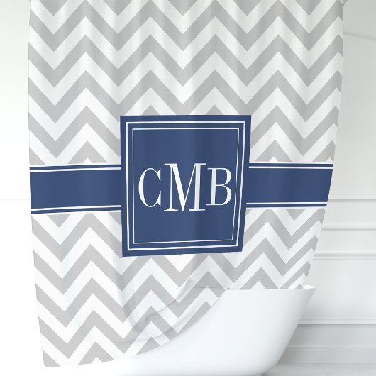 Gray and Navy Blue Chevron Monogram Douchegordijn