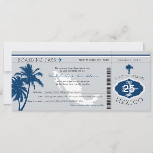 Gray and Navy Blue Mexico Boarding Pass Wedding Kaart (Voorkant)