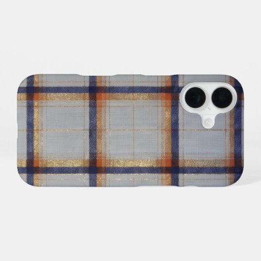 Gray and Navy Plaid with Gold Accent iPhone 16 Hoesje (Achterkant horizontaal)