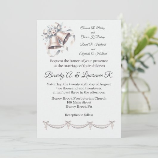 Gray and Pink Bells Wedding Invitation (Staand voorkant)