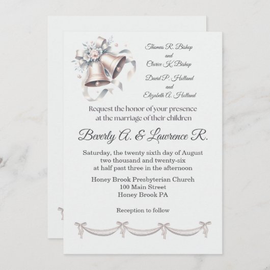 Gray and Pink Bells Wedding Invitation (Voorkant / Achterkant)