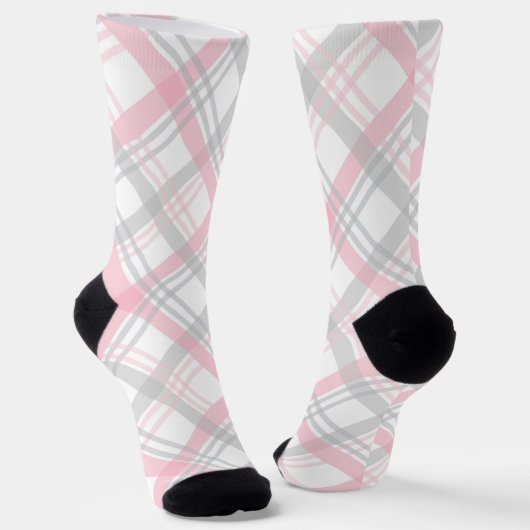 Gray and Pink Plaid Crew Socks Sokken (Gebogen)