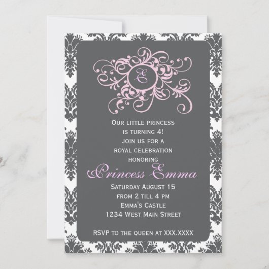 Gray and Pink Princess Damask Invitation Kaart (Voorkant)
