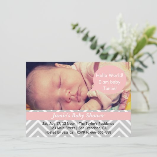 Gray and White Chevron Girl Baby shower Foto Kaart (Staand voorkant)