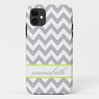 Gray and White Chevron Green Monogram iPhone 11 Hoesje