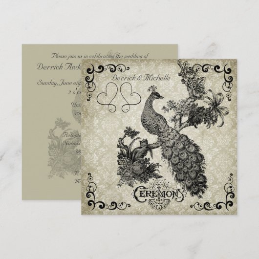 Gray and White Damask Peacock Wedding Invitation Kaart (Voorkant / Achterkant)