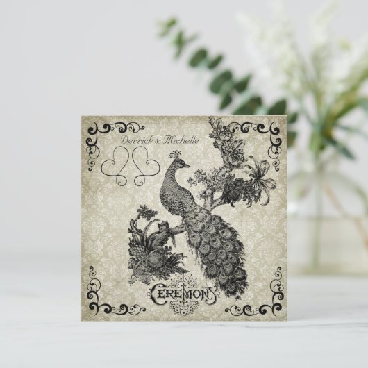 Gray and White Damask Peacock Wedding Invitation Kaart (Staand voorkant)