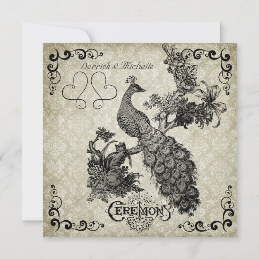 Gray and White Damask Peacock Wedding Invitation Kaart (Voorkant)