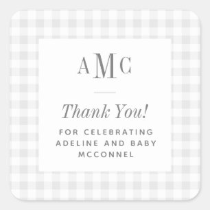 Gray and White Gingham Monogram Dank je Vierkante Sticker